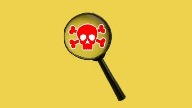 Magnifying glass revealing a bright red skull and crossbones on a solid yellow background