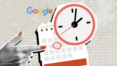 A stylized calendar with a clock and a hand pointing at a circled date next to the Google logo.