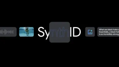 Google SynthID logo displayed on a black background with multimedia content icons.
