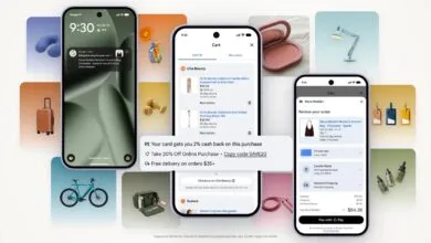 Three smartphones display Google Universal Cart features surrounded by colorful product cards.