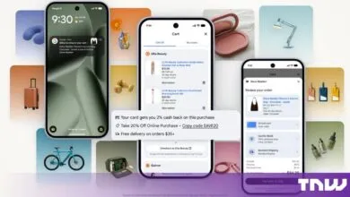 Three smartphones display Google universal cart features against a colorful product background.
