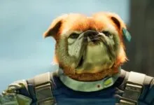 Close-up portrait of a humanoid bulldog character wearing futuristic armor against a blurred background