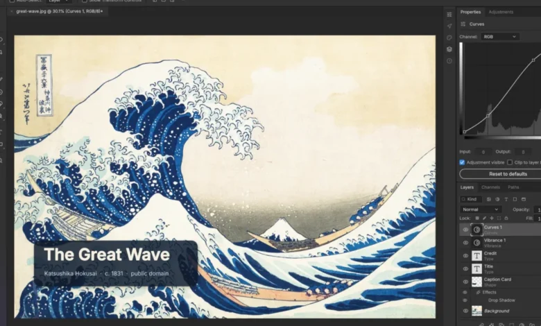 Digital editing software displaying Katsushika Hokusai's The Great Wave off Kanagawa with adjustment panels