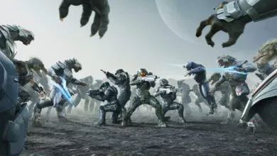 Master Chief and UNSC soldiers battle Covenant forces on an alien world in Halo