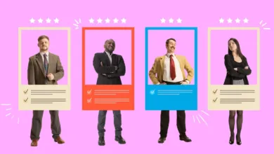 Four job candidates framed in profile cards with star ratings on pink background