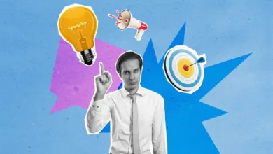 A businessman points up surrounded by cutout icons of a lightbulb, megaphone, and target.