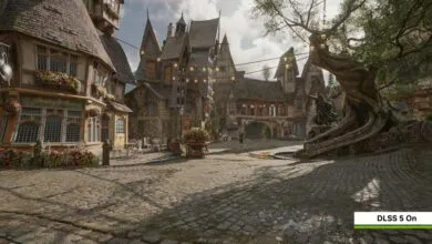 Hogsmeade village square in Hogwarts Legacy with DLSS 5 On enabled
