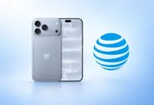 Silver iPhone 18 Pro Max displayed alongside the blue AT&T globe logo on a light blue background.