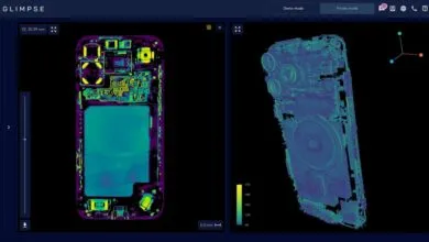 Glimpse portal software displaying 2D and 3D internal scan views of an iPhone in vibrant neon colors