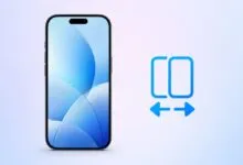 An iPhone displaying a blue abstract wallpaper alongside a Handoff icon with blue arrows.