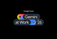 Google Cloud Gemini at Work '26 logo against a stark black background.