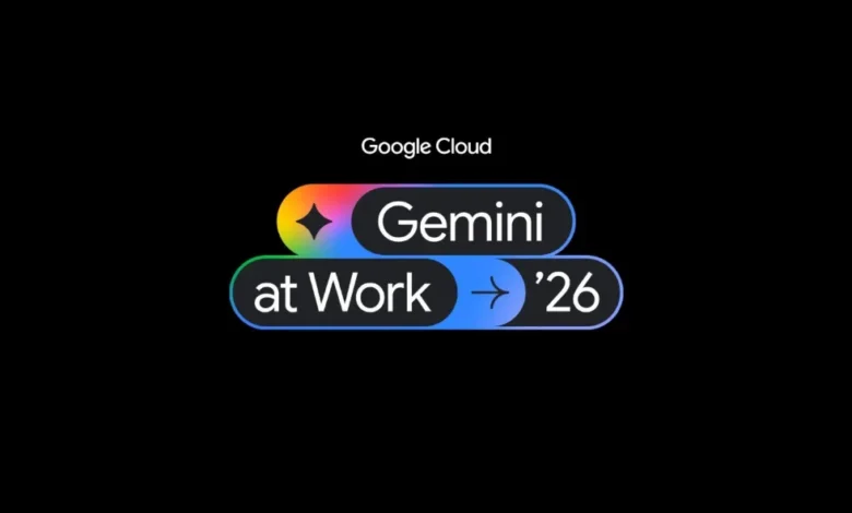 Google Cloud Gemini at Work '26 logo against a stark black background.