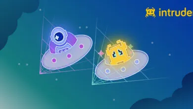 Neon-style illustration of two UFOs against a dark blue background with the Intruder logo.