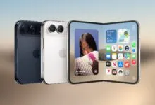 Three iPhones shown side by side, including two closed models and one unfolded foldable display.