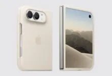 Conceptual Apple foldable smartphone shown from front and back in beige color against a light background.