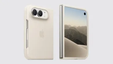 Conceptual Apple foldable smartphone shown from front and back in beige color against a light background.