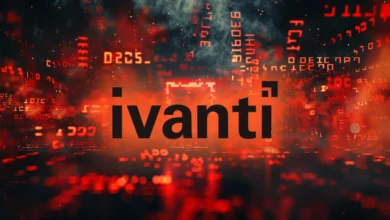 The Ivanti logo set against a fiery red background filled with digital code and smoke.