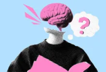 Pop art collage featuring a floating pink brain and question mark speech bubble