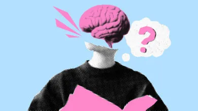 Pop art collage featuring a floating pink brain and question mark speech bubble