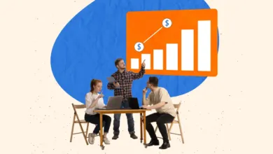 Three business professionals analyze financial growth charts in a creative digital collage.