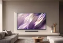 Modern living room featuring a wall-mounted TV with a purple abstract display and a soundbar below.