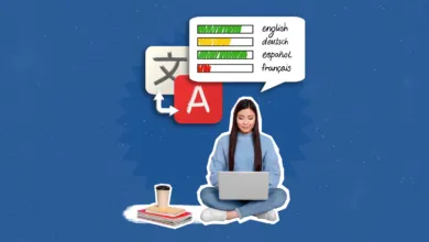 A woman sits cross-legged using a laptop with language learning icons floating above her.