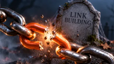 A glowing orange chain link shatters in half in front of a graveyard headstone reading LINK BUILDING.