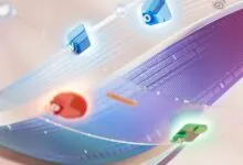 Abstract 3D rendering with glowing Microsoft 365 application icons floating along curved digital ribbons.