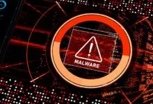 Digital warning screen displaying a red malware alert with a triangle and exclamation mark.