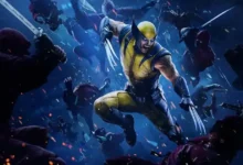 Wolverine in yellow and blue suit leaping into battle against numerous armed ninja enemies.