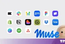 Grid of business software app icons alongside the word Muse and a cute plush character