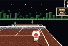 Classic pixelated Mario Tennis game featuring Toad playing on a court at night.