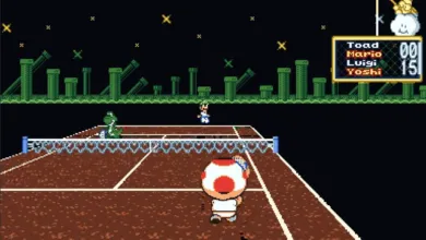 Classic pixelated Mario Tennis game featuring Toad playing on a court at night.