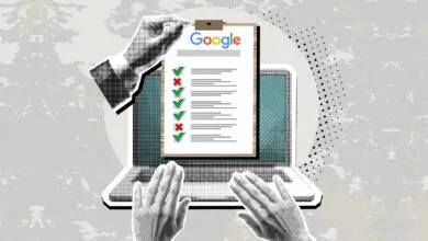 Halftone style illustration of a clipboard with Google logo and checklist over a laptop.