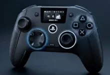 Sleek black Nacon wireless controller featuring a small LCD screen and glowing blue LED accents.
