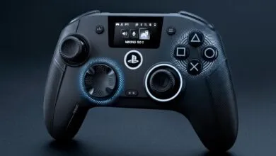 Sleek black Nacon wireless controller featuring a small LCD screen and glowing blue LED accents.