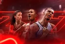 NBA 2K27 promotional graphic featuring basketball stars Caitlin Clark, an unidentified player, and Victor Wembanyama in front of a red neon background.