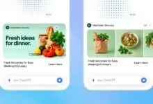 Mockups of ChatGPT advertising formats showing grocery ads with product carousels.