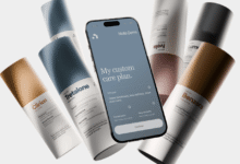 Smartphone displaying Nolla Derm app surrounded by skincare product bottles