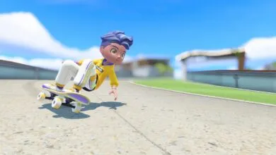 An animated avatar with purple hair rides a skateboard on an outdoor concrete track under a bright blue sky.