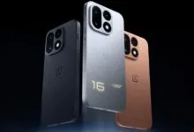 Three OnePlus 16 smartphones in black, silver, and copper floating against a dark background.