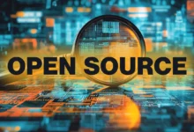 Magnifying glass over a circuit board with bold text reading OPEN SOURCE.
