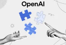 OpenAI illustration with blue puzzle pieces and dotted halftone hands reaching toward them.