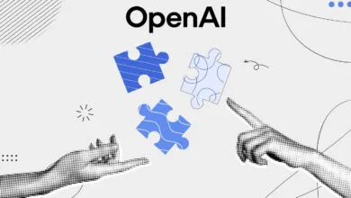 OpenAI illustration with blue puzzle pieces and dotted halftone hands reaching toward them.