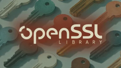 OpenSSL Library logo overlaid on an artistic background of various colorful keys.