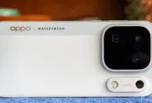 Back panel of white Oppo smartphone featuring Hasselblad branding and large camera module