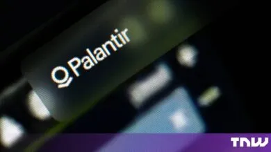 Palantir logo displayed brightly on a dark, pixelated digital screen.