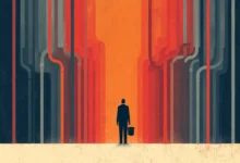 A lone businessman stands before a complex wall of glowing orange and dark grey industrial pipes.
