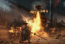 Warrior facing a massive fiery boss in a dark, atmospheric action RPG game scene.
