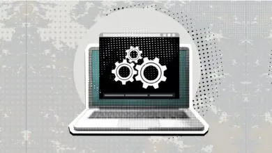 A laptop icon displaying three overlapping gears on a textured grey background.